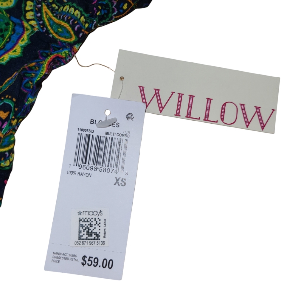 WILLOW DRIVE SHIRT WOMENS OVERSIZED XS GREEN PAISLEY COLD SHOULDER BLOUSE TOP - Picture 9 of 12